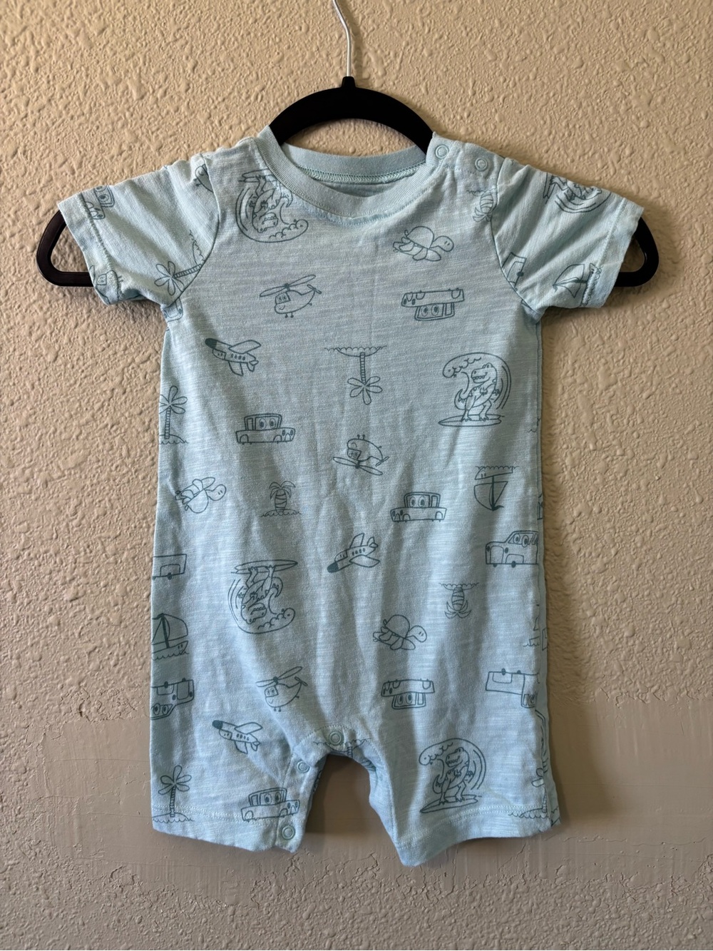 Baby Short-Sleeve One-Piece Romper in Light Blue with Travel Print Size 24 Month